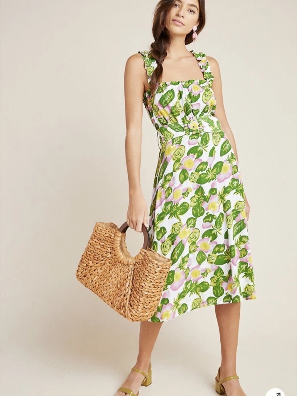Anthropologie Faithfull The Brand  Mae Green and Pink Floral Midi Dress Size Xs